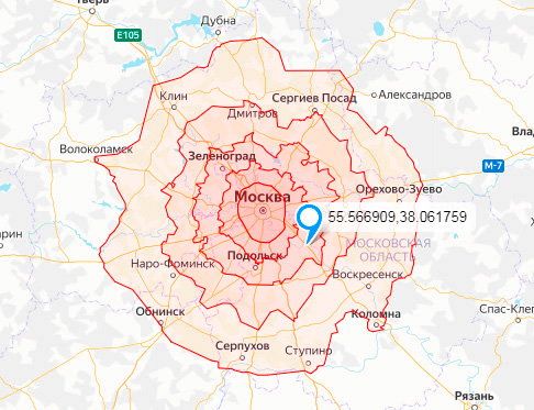 Пример разделения города доставки на зоны Определение вхождения точки в область